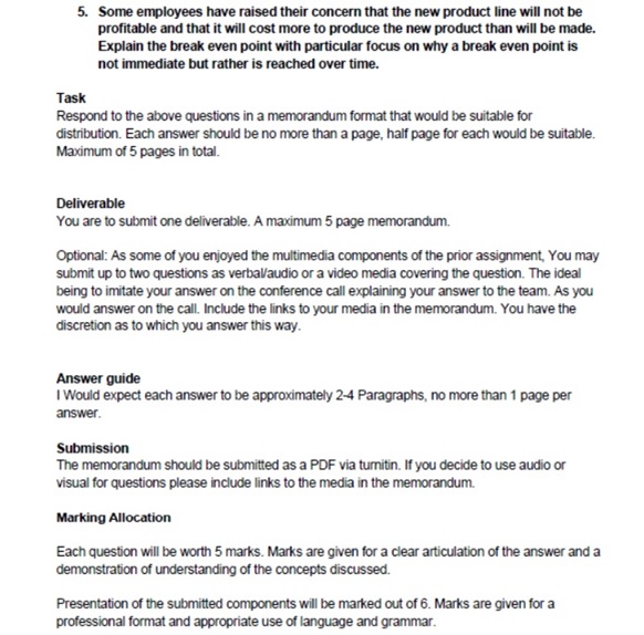 break even point assignment question sample