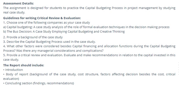 captital budgeting assignment assessment sample details