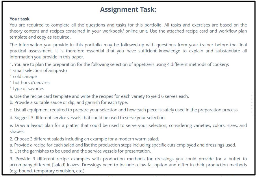 cooking assignment sample