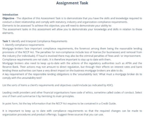 certificate iv in finance and mortgage broking assignment sample