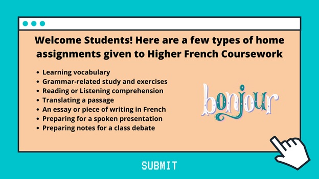 welcome students here are a few types of home assignments given to higher french coursework