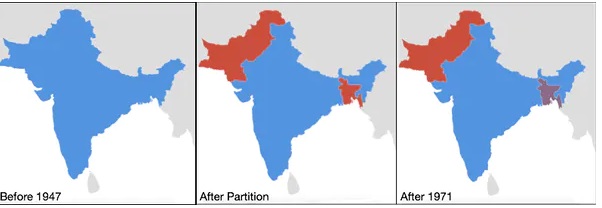 the map reflects the partition of india the creation of pakistan as a whole new nation in 1947 and the creation of bangladesh in 1971