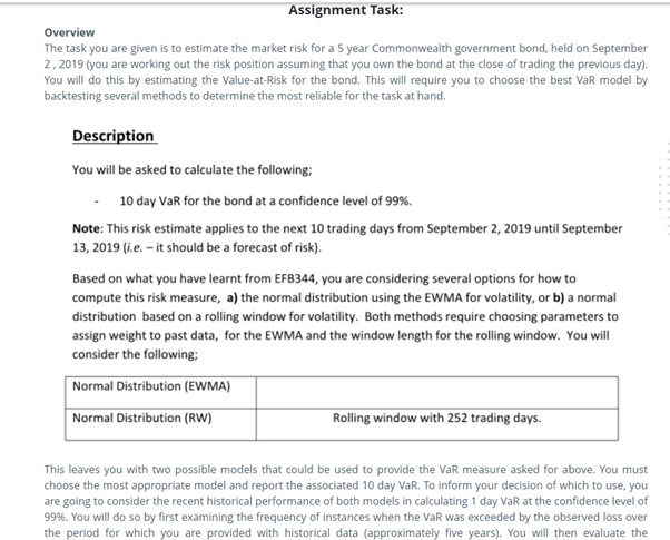 market risk models homework sample task