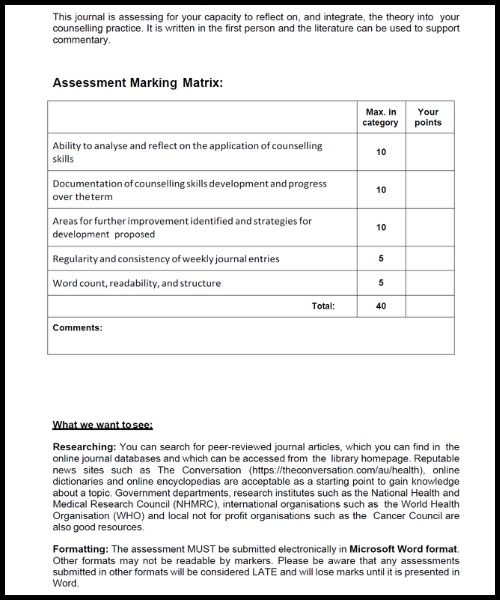 graduate certificate of counselling assignment help sample assessment matrix