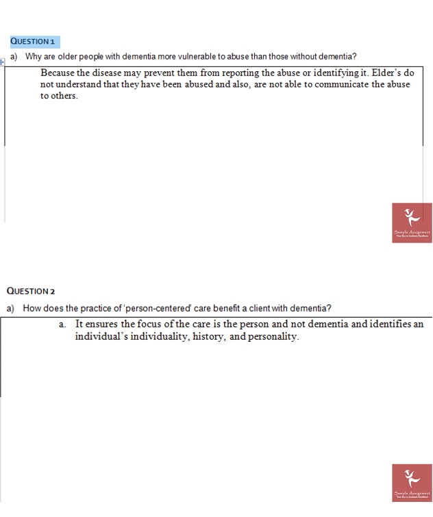 chcage005 provide support to people living with dementia assessment answer sample solution