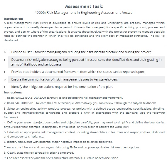 49006 risk management in engineering assessment answers sample assignment