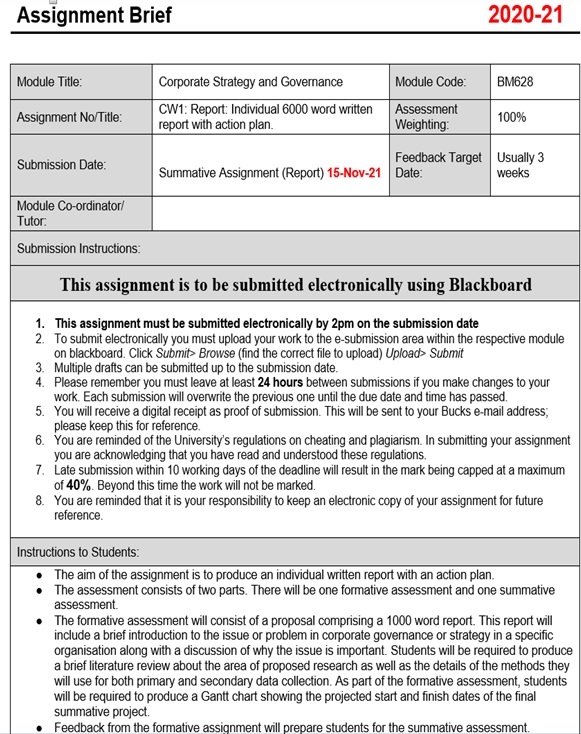 BM628 corporate strategy and governance assessment answers sample assignment