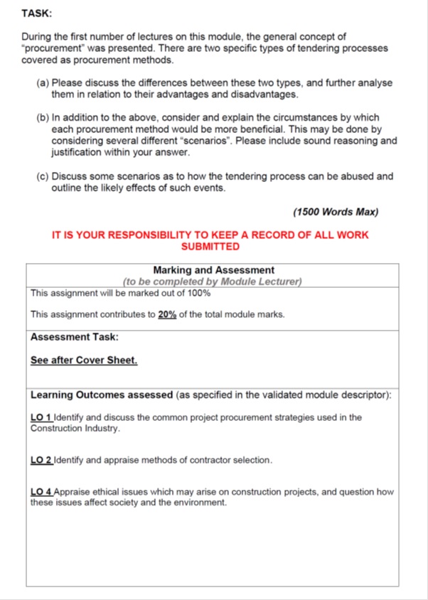 QUSU06045 construction contracts procurement assessment answer sample assignment